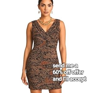 Adrianna Papell Paisley Horizontal Pleats Sleeveless V-Neck Dress  Brown 6